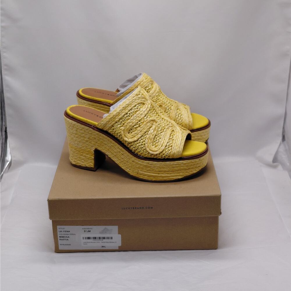 Lucky Brand Platform Chunky Heels Womens 9.5 Yellow Raffia Boho Coastal Sandals